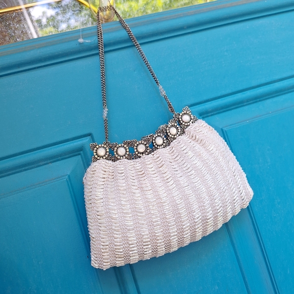 Beaded Mini Bag Sequin Purse Handmade Pearly White Metal Sequence Wedding bags - Picture 1 of 10